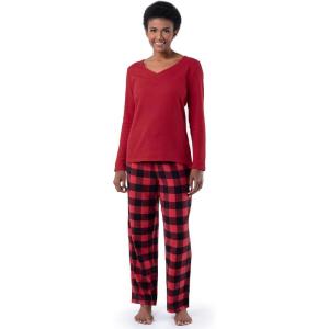 imageFruit of the Loom Womens Waffle Vneck Top and Flannel Pant Sleep SetRadiant RedBuffalo Check