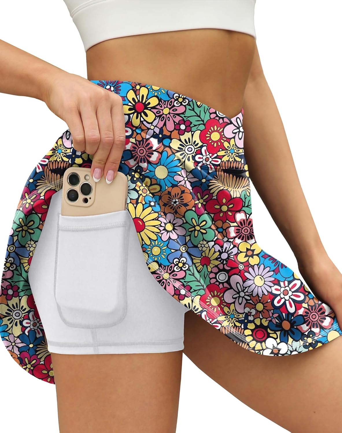 LouKeith Tennis Skirts for Women Pleated Crossover High Waisted Athletic Workout Golf Skorts Skirts with Shorts PocketPattern4colorful Flowers