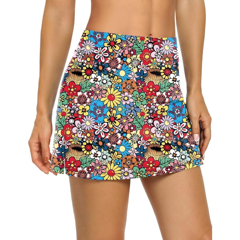 LouKeith Tennis Skirts for Women Golf Athletic Activewear Skorts Mini Summer Workout Running Shorts with PocketsPattern 3colorful Flowers