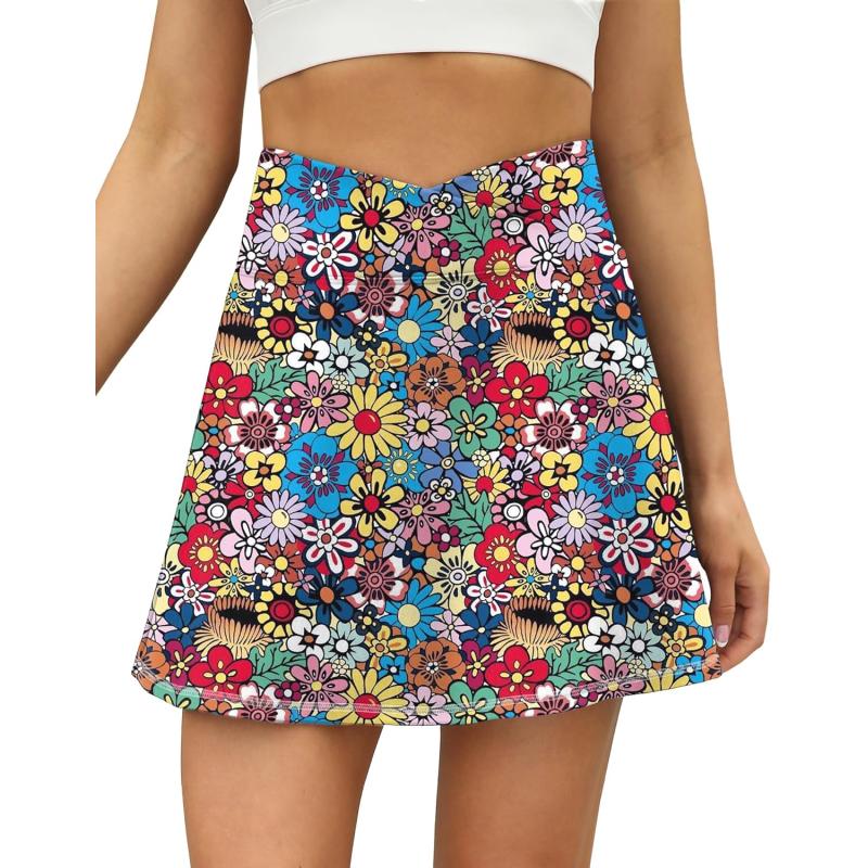LouKeith Tennis Skirts for Women Pleated Crossover High Waisted Athletic Workout Golf Skorts Skirts with Shorts PocketPattern4colorful Flowers