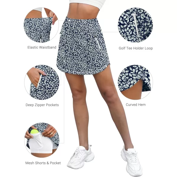 LouKeith Golf Skirts for Women Tennis Skirt with Zipper Pockets High Waisted Running Casual Athletic Skorts Builtin ShortsPattern 1white Leaves