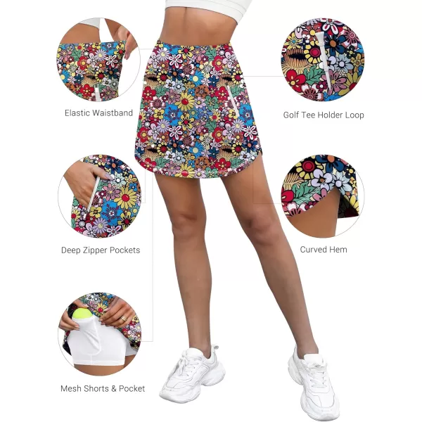 LouKeith Golf Skirts for Women Tennis Skirt with Zipper Pockets High Waisted Running Casual Athletic Skorts Builtin ShortsPattern 3colorful Flowers