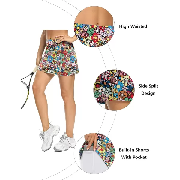 LouKeith Tennis Skirts for Women Golf Athletic Activewear Skorts Mini Summer Workout Running Shorts with PocketsPattern 3colorful Flowers