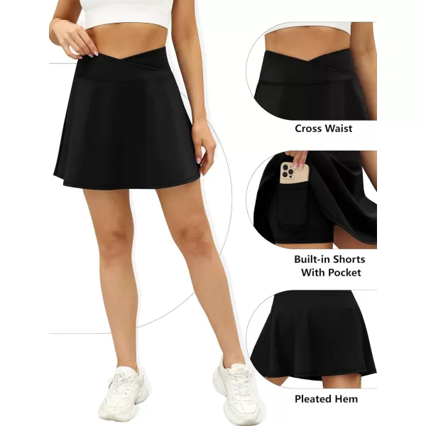 LouKeith Tennis Skirts for Women Pleated Crossover High Waisted Athletic Workout Golf Skorts Skirts with Shorts Pocket1black