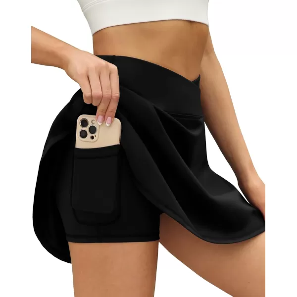 LouKeith Tennis Skirts for Women Pleated Crossover High Waisted Athletic Workout Golf Skorts Skirts with Shorts Pocket1black