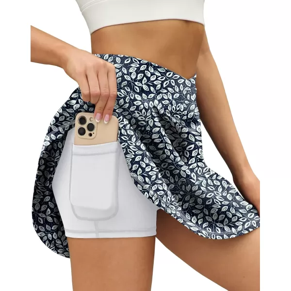 LouKeith Tennis Skirts for Women Pleated Crossover High Waisted Athletic Workout Golf Skorts Skirts with Shorts PocketPattern1white Leaves