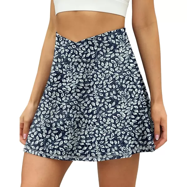 LouKeith Tennis Skirts for Women Pleated Crossover High Waisted Athletic Workout Golf Skorts Skirts with Shorts PocketPattern1white Leaves