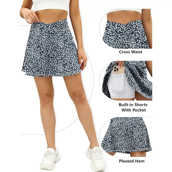 LouKeith Tennis Skirts for Women Pleated Crossover High Waisted Athletic Workout Golf Skorts Skirts with Shorts PocketPattern1white Leaves