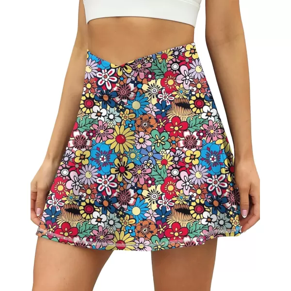 LouKeith Tennis Skirts for Women Pleated Crossover High Waisted Athletic Workout Golf Skorts Skirts with Shorts PocketPattern4colorful Flowers
