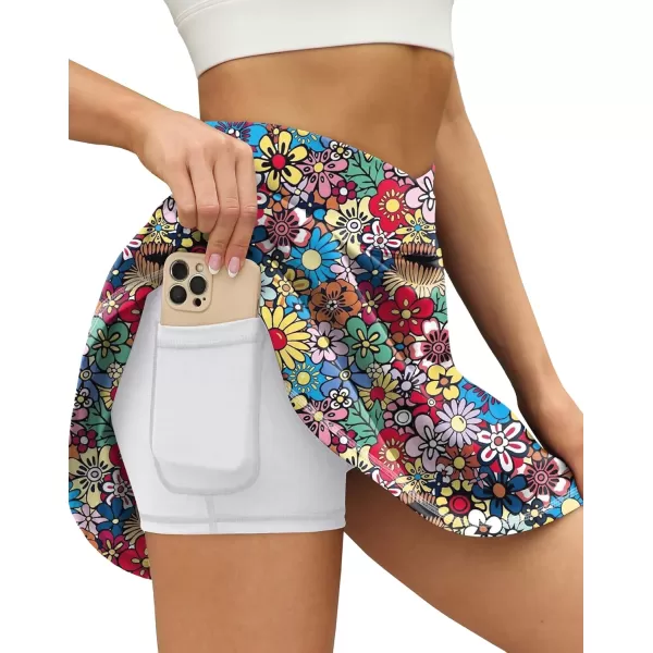 LouKeith Tennis Skirts for Women Pleated Crossover High Waisted Athletic Workout Golf Skorts Skirts with Shorts PocketPattern4colorful Flowers