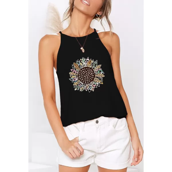 LouKeith Womens Tops Sleeveless Halter Racerback Summer Basic Tee Shirts Cami Tank Tops Beach BlousesBlack Sunflower