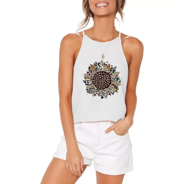 LouKeith Womens Tops Sleeveless Halter Racerback Summer Basic Tee Shirts Cami Tank Tops Beach BlousesWhite Sunflower