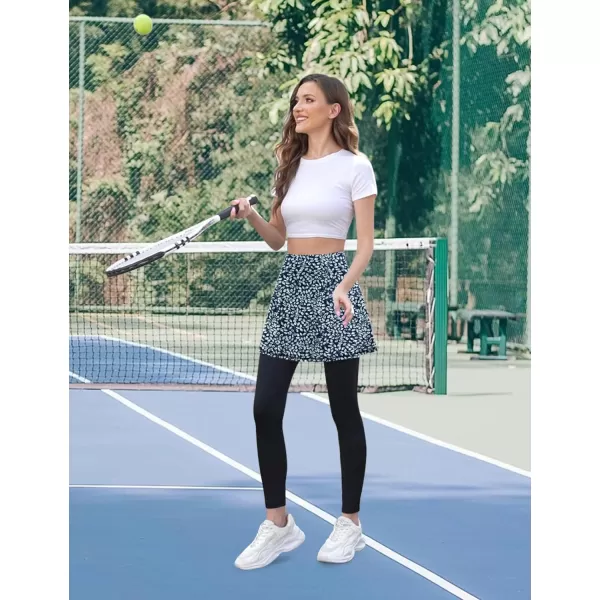 LouKeith Skirted Leggings for Women Athletic Skirt with Leggings Tennis Skirt Yoga Running Golf Skirts with 4 PocketsPattern 2white Leaves