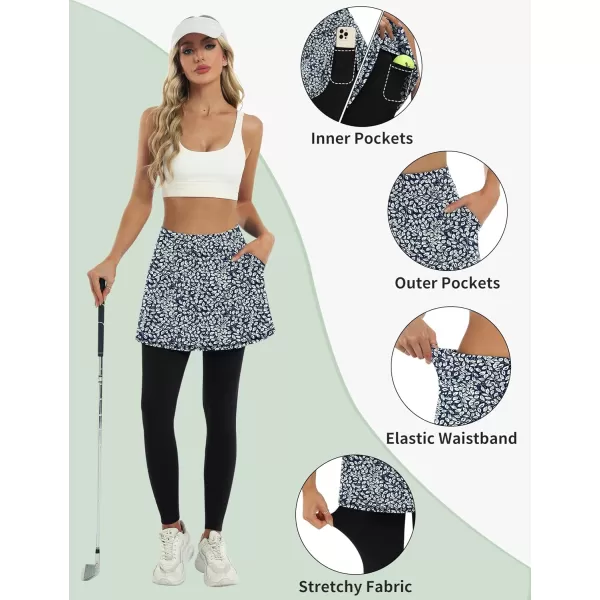 LouKeith Skirted Leggings for Women Athletic Skirt with Leggings Tennis Skirt Yoga Running Golf Skirts with 4 PocketsPattern 2white Leaves