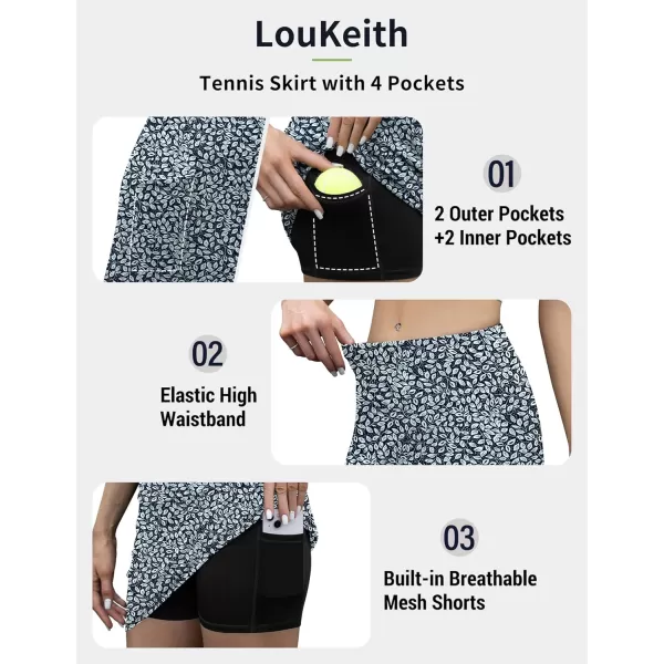 LouKeith Tennis Skirt with Shorts High Waisted Golf Skirts Dressy Casual Workout Athletic Skorts for Women with 4 PocketsPattern 2white Leaves
