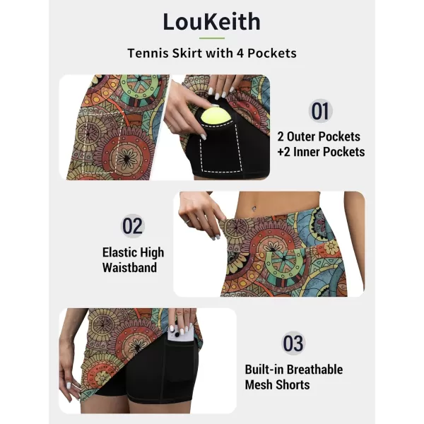LouKeith Tennis Skirt with Shorts High Waisted Golf Skirts Dressy Casual Workout Athletic Skorts for Women with 4 PocketsPattern 3bohemian Circle