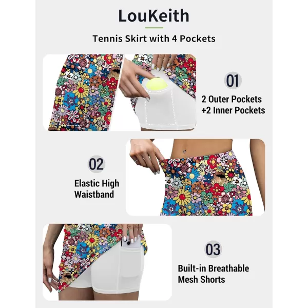 LouKeith Tennis Skirt with Shorts High Waisted Golf Skirts Dressy Casual Workout Athletic Skorts for Women with 4 PocketsPattern 4colorful Flowers