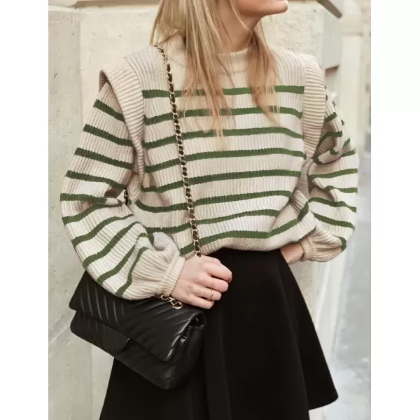 LouKeith Womens Long Sleeve Knit Sweater Crewneck Striped Loose Pullover Tops Lantern Sleeve Casual Sweaters Jumper TopsApricotarmy Green Stripes