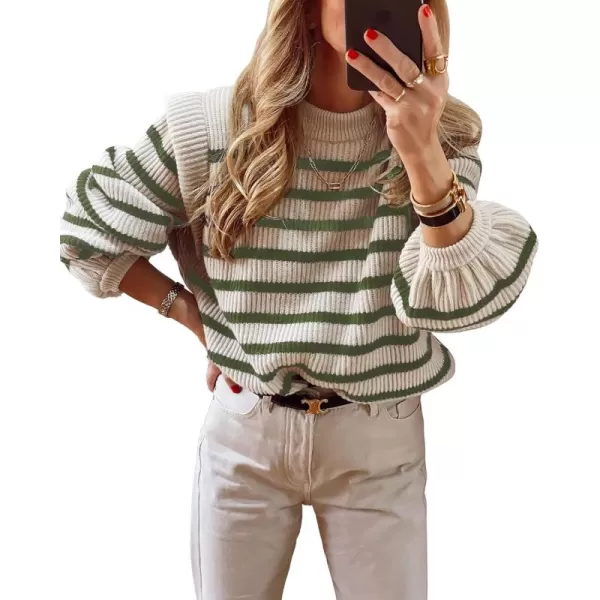 LouKeith Womens Long Sleeve Knit Sweater Crewneck Striped Loose Pullover Tops Lantern Sleeve Casual Sweaters Jumper TopsApricotarmy Green Stripes