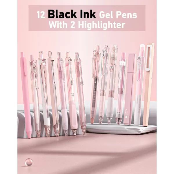 Four Candies 14Pack Pastel Gel Ink Pen SetCute Retractable 05mm Fine Point PenNote Taking Aesthetic Pens12 Pack Black Ink Pens with 2Pcs Highlighter Smooth Writing Pens for School OfficePurplePink