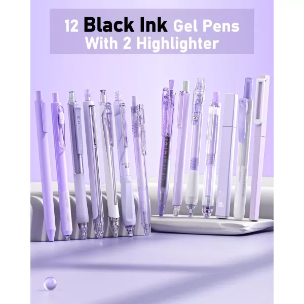 Four Candies 14Pack Pastel Gel Ink Pen SetCute Retractable 05mm Fine Point PenNote Taking Aesthetic Pens12 Pack Black Ink Pens with 2Pcs Highlighter Smooth Writing Pens for School OfficePurplePurple