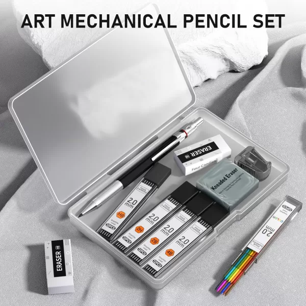 imageFour Candies 2MM Mechanical Pencil Set with case Artist Lead Pencil Metal Lead Holder with 60PCS Graphite Lead Refill HB 2H 2B 4B Color kneaded eraser Sharpener for Writing Drawing Sketching9 Piece Set