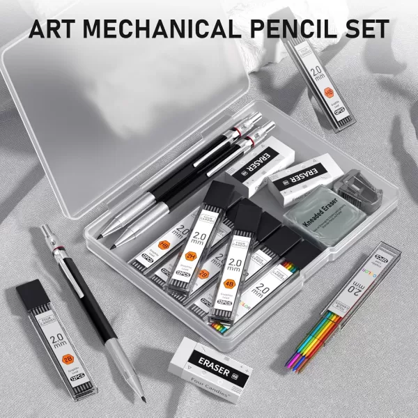 imageFour Candies 2MM Mechanical Pencil Set with case Artist Lead Pencil Metal Lead Holder with 60PCS Graphite Lead Refill HB 2H 2B 4B Color kneaded eraser Sharpener for Writing Drawing Sketching17 Piece Set