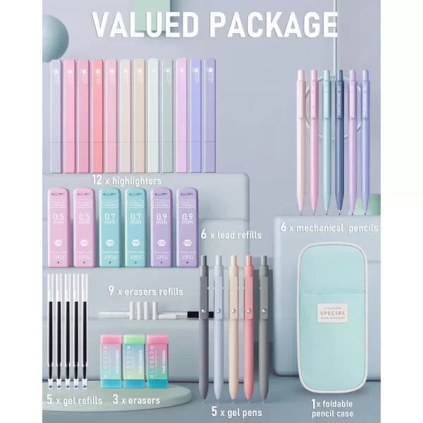 Four Candies 39 PCS Aesthetic School Supplies with Cute Pen Case 12 Pastel Highlighters 5 Black Ink Gel Pens 6 Mechanical Pencils Set 05 ampamp 07 mm for Students Stationary College Essentials PinkBlue