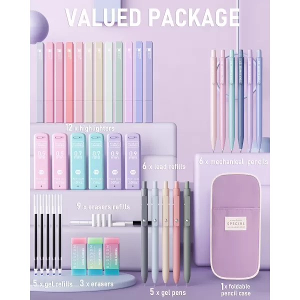 Four Candies 39 PCS Aesthetic School Supplies with Cute Pen Case 12 Pastel Highlighters 5 Black Ink Gel Pens 6 Mechanical Pencils Set 05 ampamp 07 mm for Students Stationary College Essentials PinkPurple