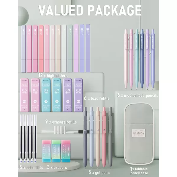 Four Candies 39 PCS Aesthetic School Supplies with Cute Pen Case 12 Pastel Highlighters 5 Black Ink Gel Pens 6 Mechanical Pencils Set 05 ampamp 07 mm for Students Stationary College Essentials PinkGreen