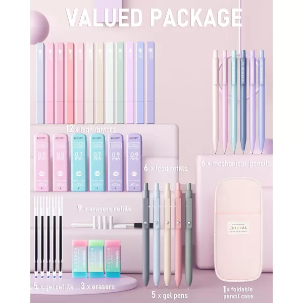 Four Candies 39 PCS Aesthetic School Supplies with Cute Pen Case 12 Pastel Highlighters 5 Black Ink Gel Pens 6 Mechanical Pencils Set 05 ampamp 07 mm for Students Stationary College Essentials PinkPink