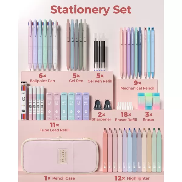 imageFour Candies 56 PCS Aesthetic School Supplies with Large Pencil Case 6 Colored Ballpoint Pens 12 Pastel Highlighters 5 Black Ink Gel Pens 9 Mechanical Pencils 0520mm Student Essentials PinkPink