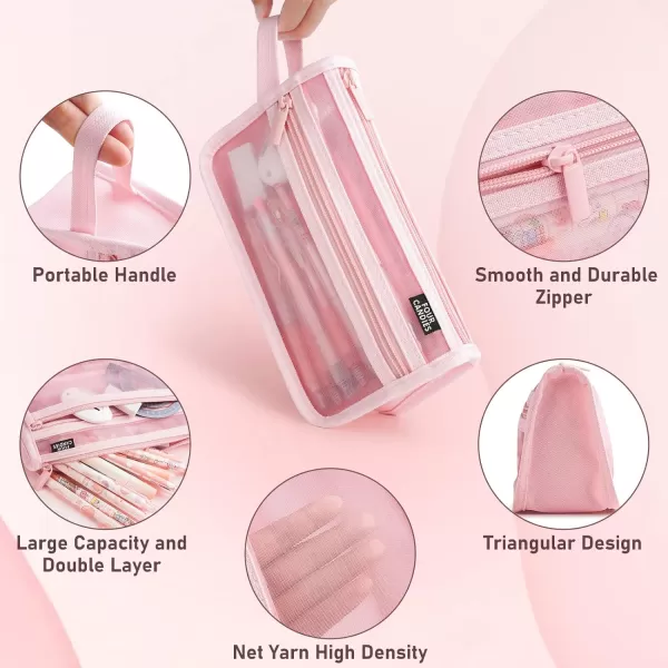 imageFour Candies Grid Mesh Pencil Case with Handle and Zipper Clear Doublelayer Pencil Pouch Marker Pouch Travel Makeup Bag Cute Transparent Stationary Organizer Pen Bag for Adult Office CollegePink