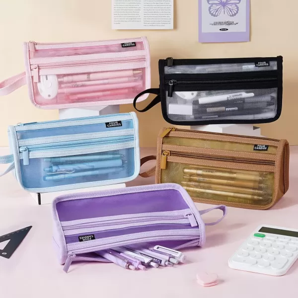 imageFour Candies Grid Mesh Pencil Case with Handle and Zipper Clear Doublelayer Pencil Pouch Marker Pouch Travel Makeup Bag Cute Transparent Stationary Organizer Pen Bag for Adult Office CollegeBlue