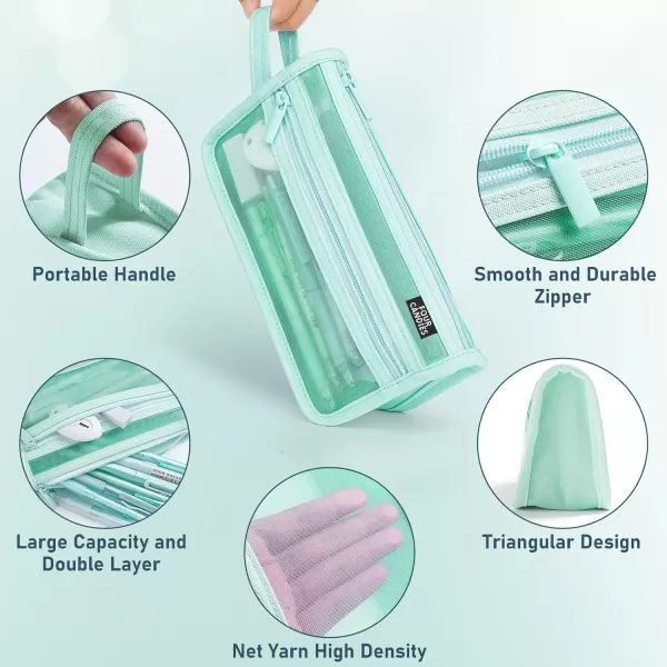 imageFour Candies Grid Mesh Pencil Case with Handle and Zipper Clear Doublelayer Pencil Pouch Marker Pouch Travel Makeup Bag Cute Transparent Stationary Organizer Pen Bag for Adult Office CollegeGreen