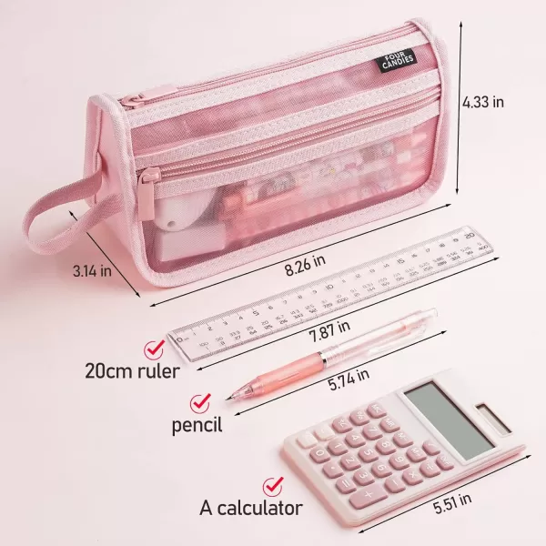 imageFour Candies Grid Mesh Pencil Case with Handle and Zipper Clear Doublelayer Pencil Pouch Marker Pouch Travel Makeup Bag Cute Transparent Stationary Organizer Pen Bag for Adult Office CollegePink