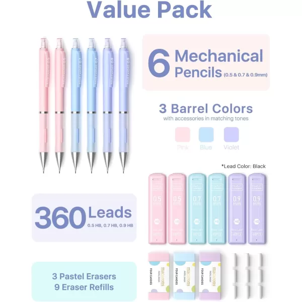 imageFour Candies Pastel Mechanical Pencil Set  6PCS 05 mm ampamp 07mm Pencils with 360PCS HB 2 Lead Refills 3PCS Erasers and 9PCS Eraser Refills Cute School Supplies Stuff for Student Writing Drawing05mm  07mm  09mm