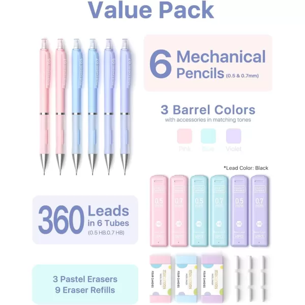 imageFour Candies Pastel Mechanical Pencil Set  6PCS 05 mm ampamp 07mm Pencils with 360PCS HB 2 Lead Refills 3PCS Erasers and 9PCS Eraser Refills Cute School Supplies Stuff for Student Writing Drawing05mm  07mm