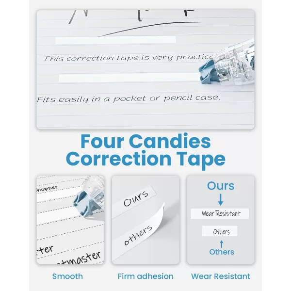 Four Candies Refillable Retractable White Out Correction Tape 2PCS Cute White Out with 4 Extra Refills Easy to Use Mini Aesthetic Pen Shaped Applicator for School Office Supplies Pink ApricotBlueGreenPinkApricot