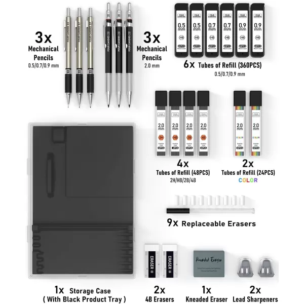 FourCandies 25PCS Art Mechanical Pencil Set with Case 3PCS Metal Artist Lead Pencil 05 07 09 mm ampamp 3PCS 2mm Lead HolderHB 2H 2B 4B Color with 432PCS Graphite Lead Refills for Drawing Sketching05mm07mm09mm20mm