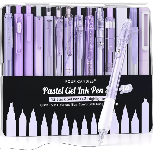 Four Candies 14Pack Pastel Gel Ink Pen SetCute Retractable 05mm Fine Point PenNote Taking Aesthetic Pens12 Pack Black Ink Pens with 2Pcs Highlighter Smooth Writing Pens for School OfficePurplePurple