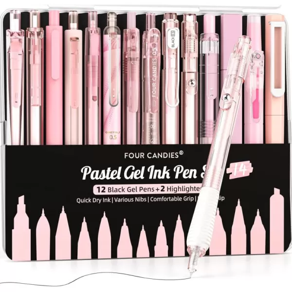 Four Candies 14Pack Pastel Gel Ink Pen SetCute Retractable 05mm Fine Point PenNote Taking Aesthetic Pens12 Pack Black Ink Pens with 2Pcs Highlighter Smooth Writing Pens for School OfficePurplePink