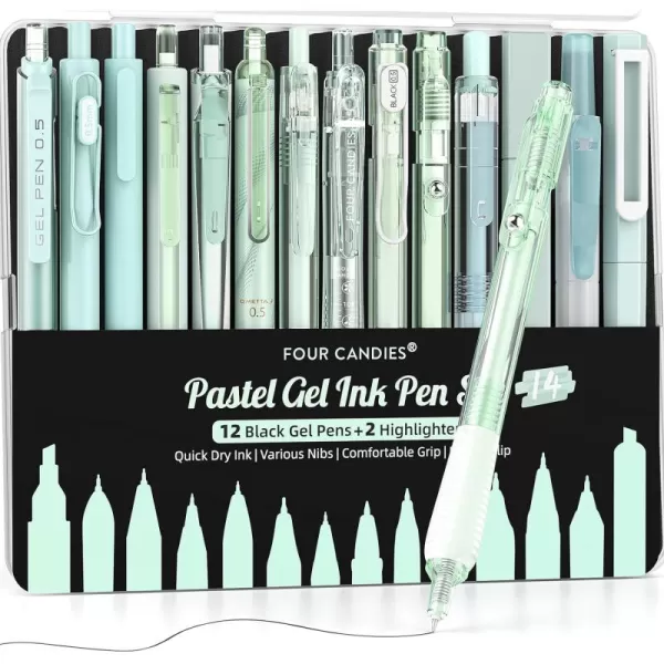 Four Candies 14Pack Pastel Gel Ink Pen SetCute Retractable 05mm Fine Point PenNote Taking Aesthetic Pens12 Pack Black Ink Pens with 2Pcs Highlighter Smooth Writing Pens for School OfficePurpleGreen