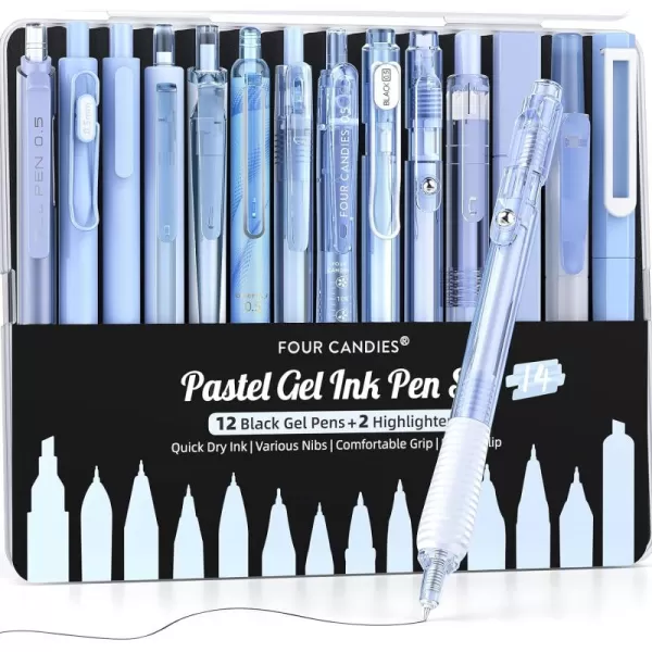 Four Candies 14Pack Pastel Gel Ink Pen SetCute Retractable 05mm Fine Point PenNote Taking Aesthetic Pens12 Pack Black Ink Pens with 2Pcs Highlighter Smooth Writing Pens for School OfficePurpleBlue