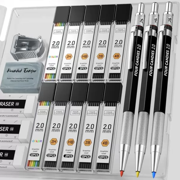 imageFour Candies 2MM Mechanical Pencil Set with case Artist Lead Pencil Metal Lead Holder with 60PCS Graphite Lead Refill HB 2H 2B 4B Color kneaded eraser Sharpener for Writing Drawing Sketching17 Piece Set