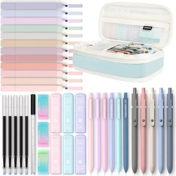 Four Candies 39 PCS Aesthetic School Supplies with Cute Pen Case 12 Pastel Highlighters 5 Black Ink Gel Pens 6 Mechanical Pencils Set 05 ampamp 07 mm for Students Stationary College Essentials PinkBlue