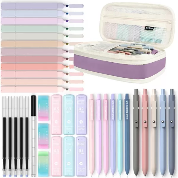 Four Candies 39 PCS Aesthetic School Supplies with Cute Pen Case 12 Pastel Highlighters 5 Black Ink Gel Pens 6 Mechanical Pencils Set 05 ampamp 07 mm for Students Stationary College Essentials PinkPurple