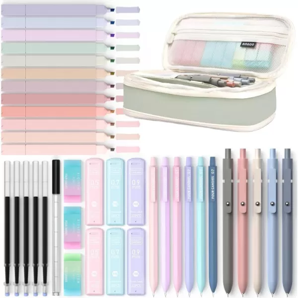 Four Candies 39 PCS Aesthetic School Supplies with Cute Pen Case 12 Pastel Highlighters 5 Black Ink Gel Pens 6 Mechanical Pencils Set 05 ampamp 07 mm for Students Stationary College Essentials PinkGreen