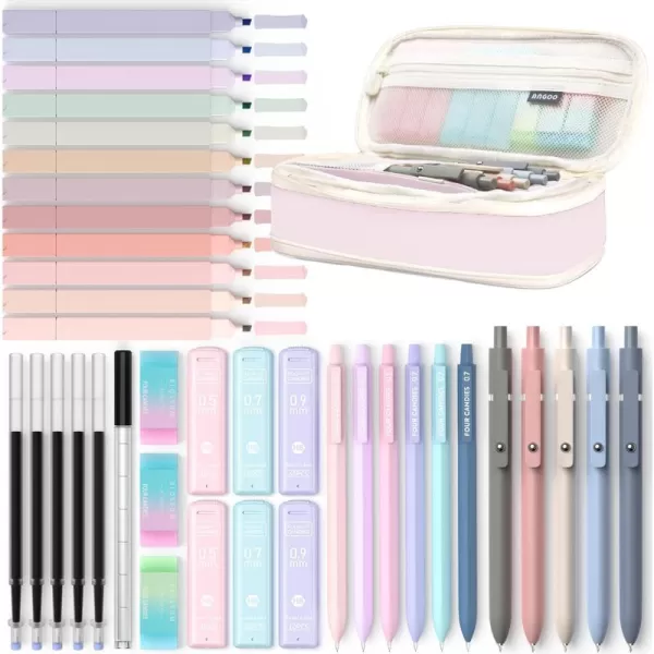 Four Candies 39 PCS Aesthetic School Supplies with Cute Pen Case 12 Pastel Highlighters 5 Black Ink Gel Pens 6 Mechanical Pencils Set 05 ampamp 07 mm for Students Stationary College Essentials PinkPink