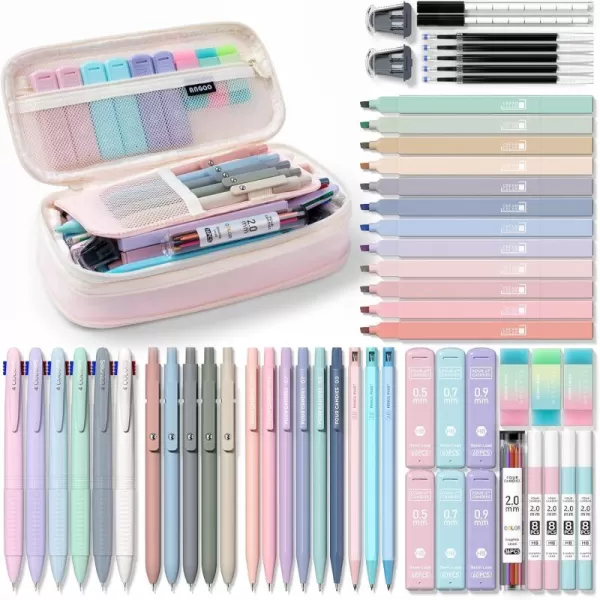 imageFour Candies 56 PCS Aesthetic School Supplies with Large Pencil Case 6 Colored Ballpoint Pens 12 Pastel Highlighters 5 Black Ink Gel Pens 9 Mechanical Pencils 0520mm Student Essentials PinkPink